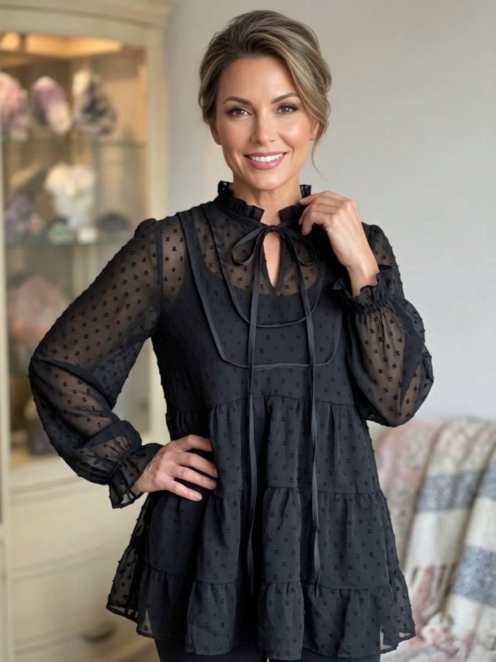 PRETTYGARDEN Black Swiss Dot Tiered Babydoll Blouse M NWT